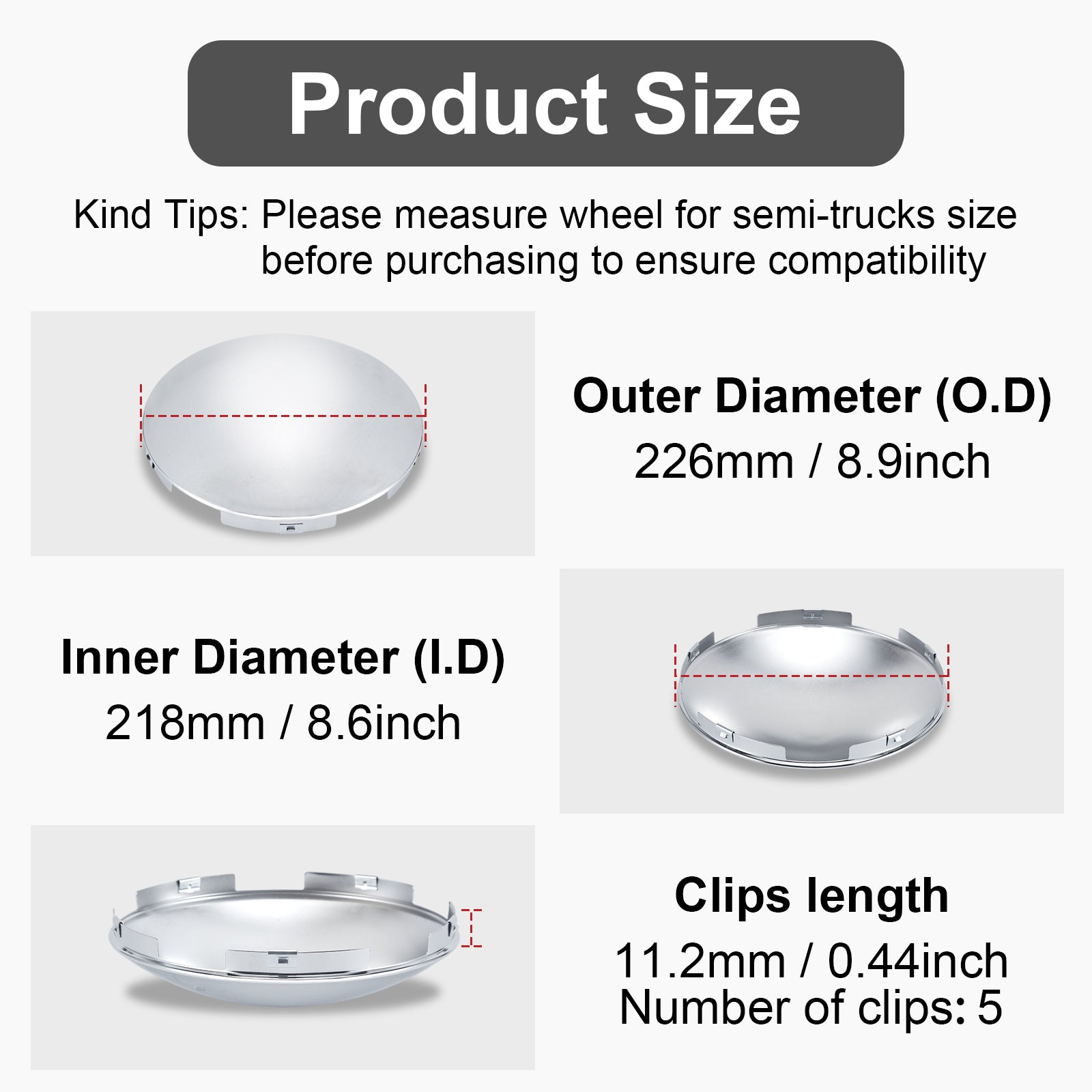 Chrome Hubcap – Dome, 5-Clip – 8.9" × 8.6" (H1F85N5-H51)