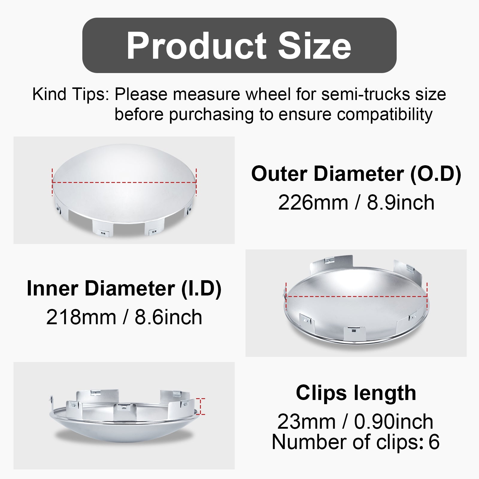 Chrome Hubcap – Deep Skirt Dome, 6-Clip – 8.9" × 8.6" (H1F85N6-H52)