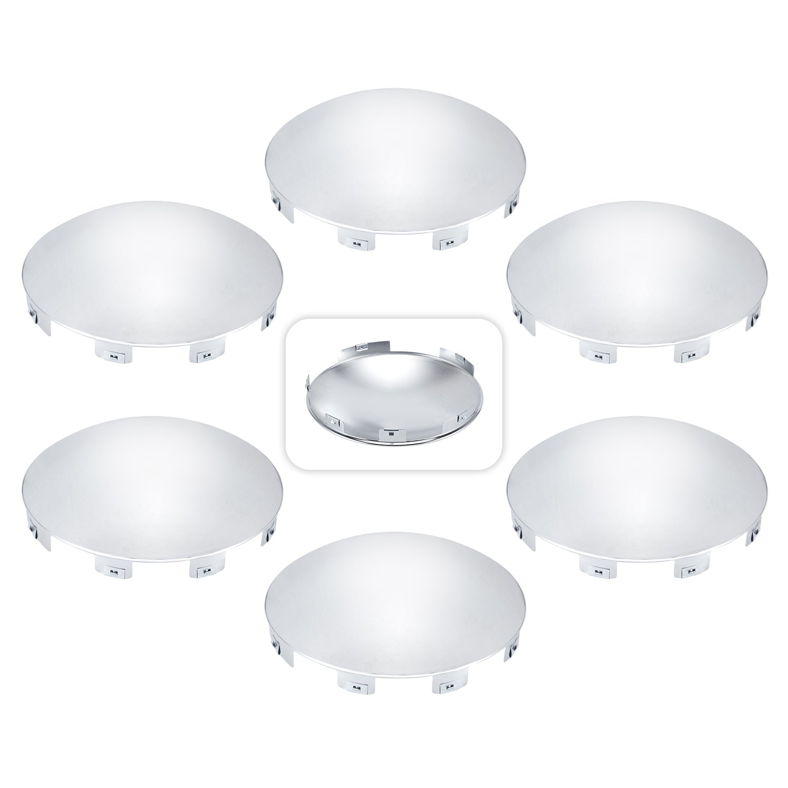 Chrome Hubcap – Shallow Skirt Dome, 6-Clip – 8.9" × 8.6" (H1F85N6-H53)