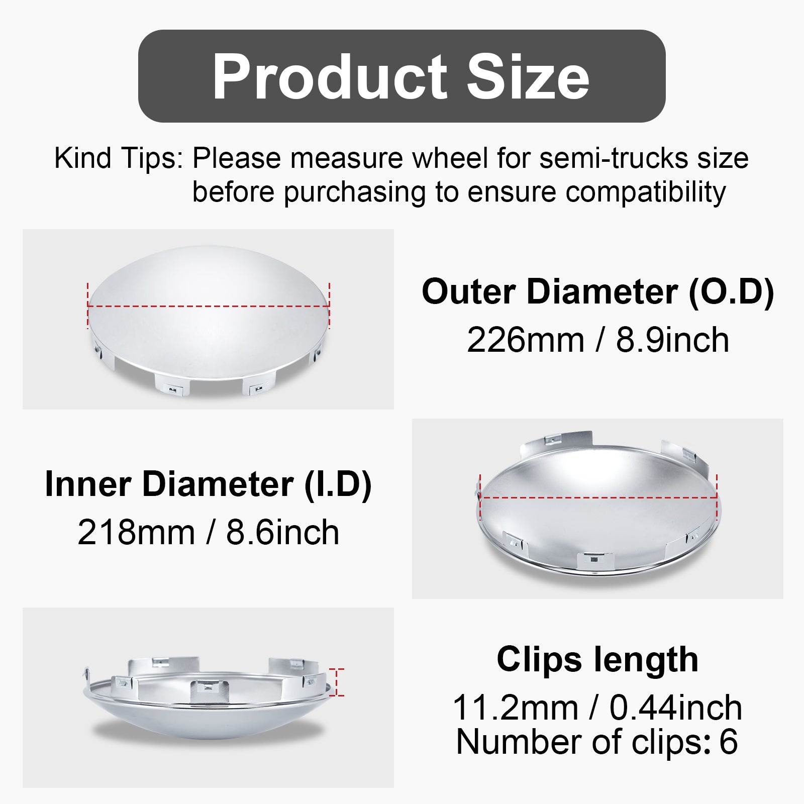 Chrome Hubcap – Shallow Skirt Dome, 6-Clip – 8.9" × 8.6" (H1F85N6-H53)