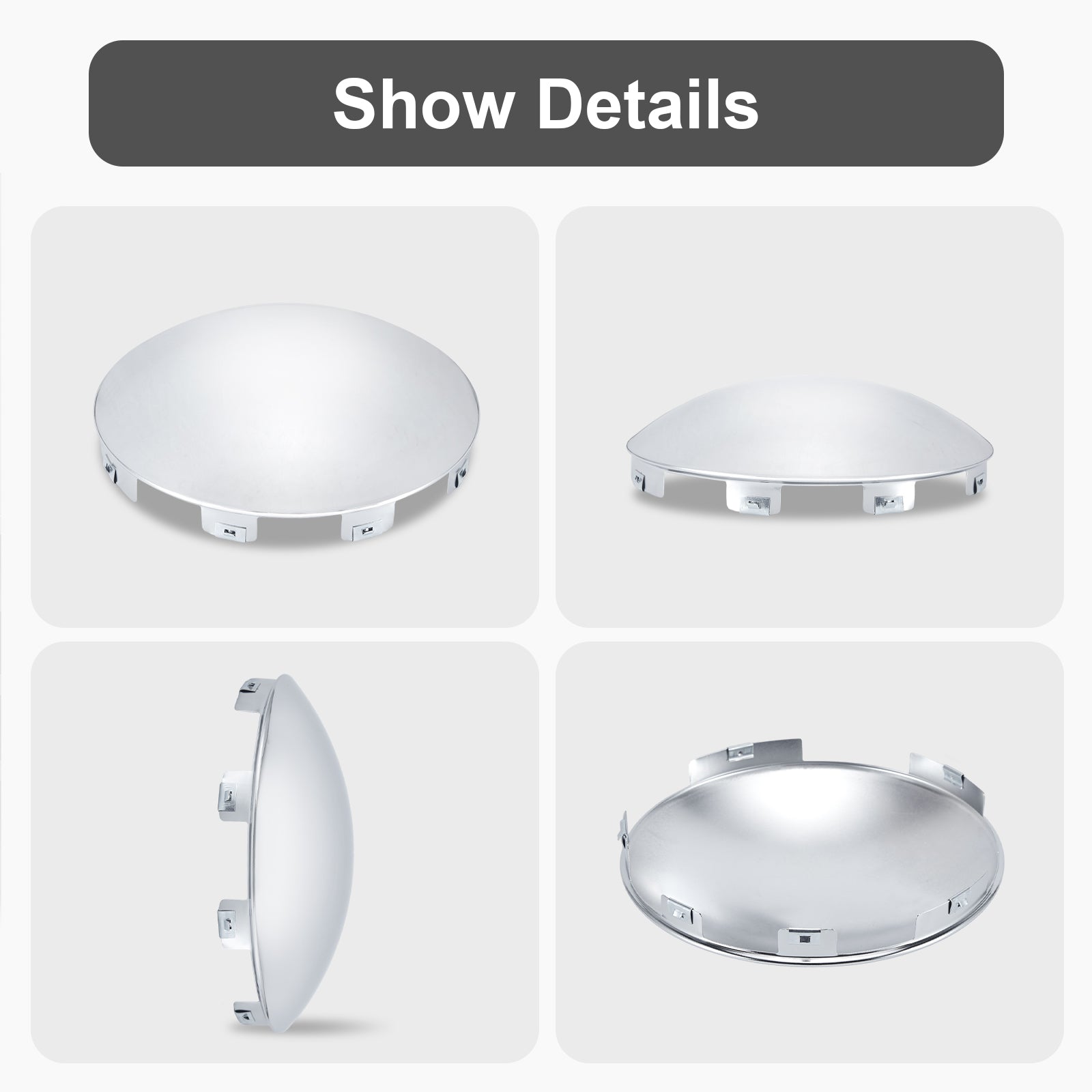 Chrome Hubcap – Shallow Skirt Dome, 6-Clip – 8.9" × 8.6" (H1F85N6-H53)