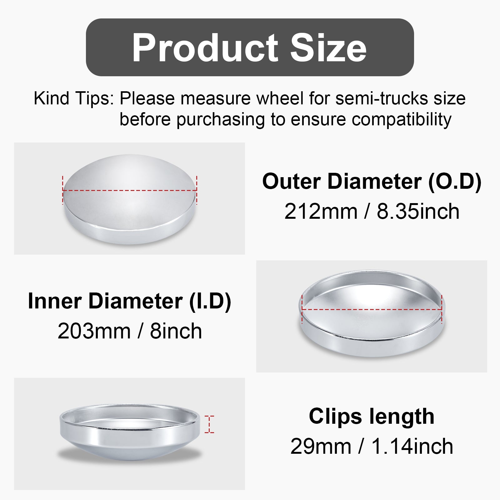 Chrome Hubcap – Flat Dome – 8.35" × 8" (H1R8)
