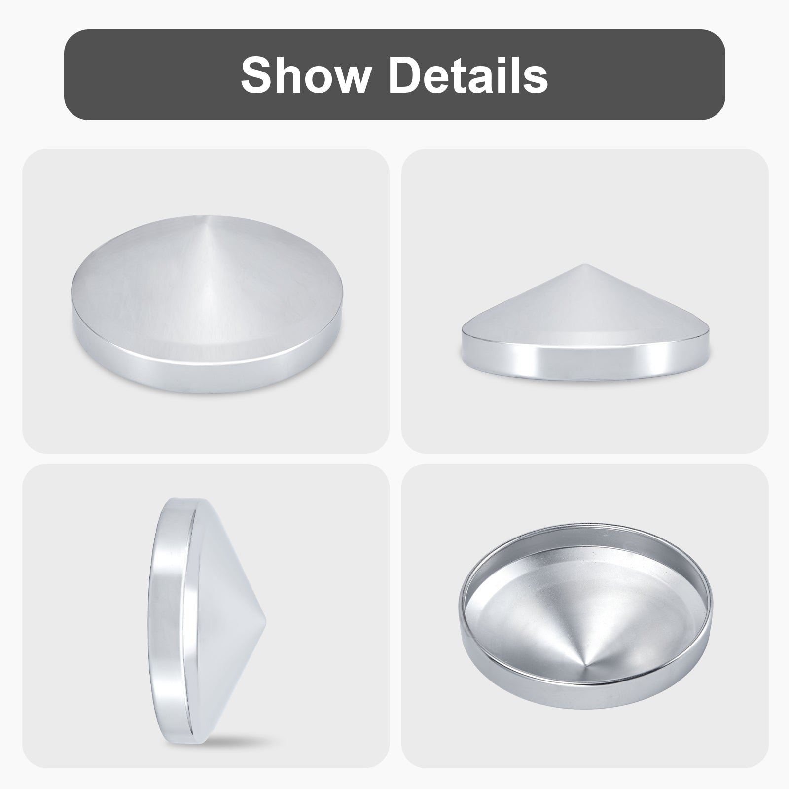 Chrome Hubcap – Pointed Cone – 8.35" × 8" (H2R8)