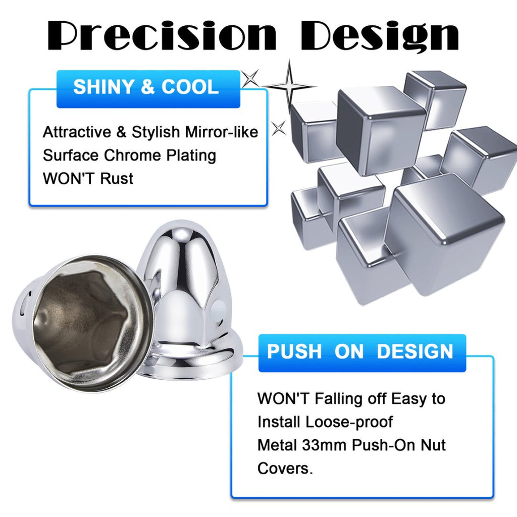 Chrome Bullet-Dome Push-On Lug Nut Covers – 33 mm – Metal – 20 Pack (HBC01)