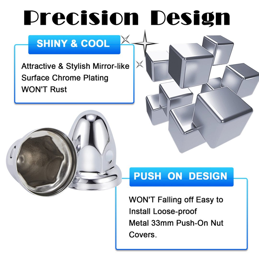 Chrome Bullet-Dome Push-On Lug Nut Covers – 33 mm – Metal – 20 Pack (HBC01)