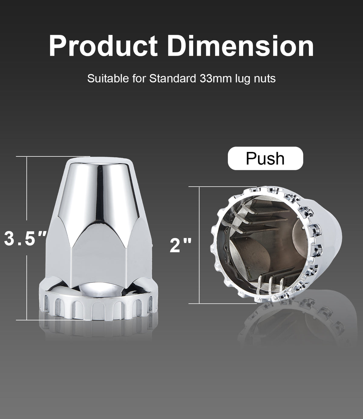 Chrome Tapered-Cone Push-On Lug Nut Covers – 33 mm – 20 / 40 Pack (HBC04 Push)