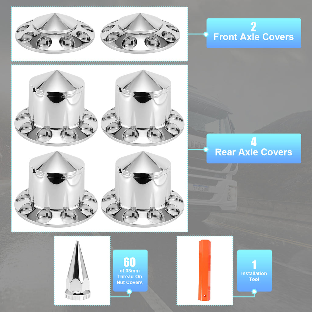 Chrome Spiked Complete Wheel Hubcap Kit – 2 Front + 4 Rear Axle Covers + 60× 33 mm Push-On Nut Covers + Install Tool (PL-03-PUSH-WH)