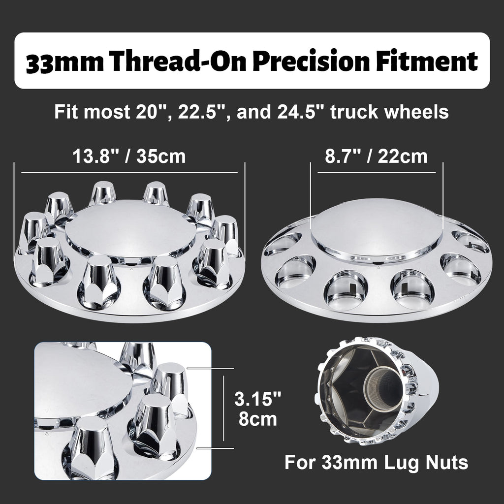 Chrome Thread-On Complete Wheel Hub Cover Kit – 33 mm, 10-Lug (PL-04 SCREW-WH)
