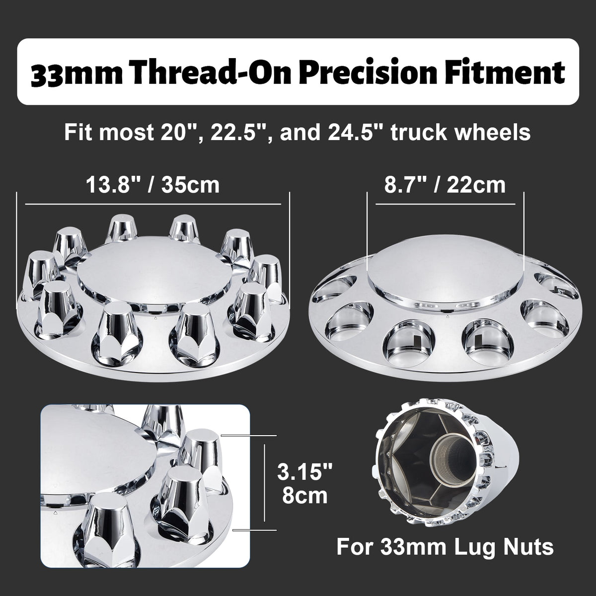 Chrome Thread-On Complete Wheel Hub Cover Kit – 33 mm, 10-Lug (PL-04 SCREW-WH)