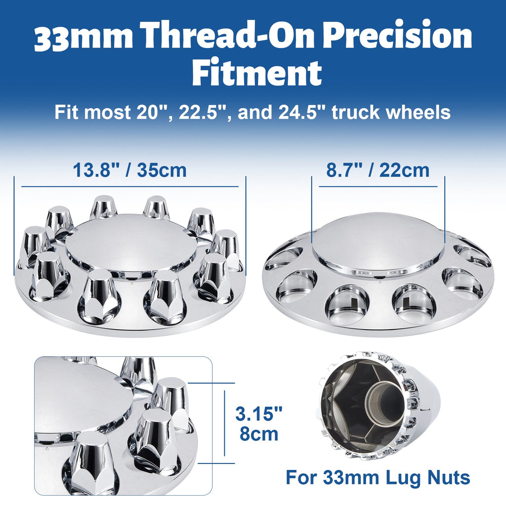 Chrome Thread-On Complete Wheel Hub Cover Kit – 33 mm, 10-Lug (PL-04 SCREW-WH)