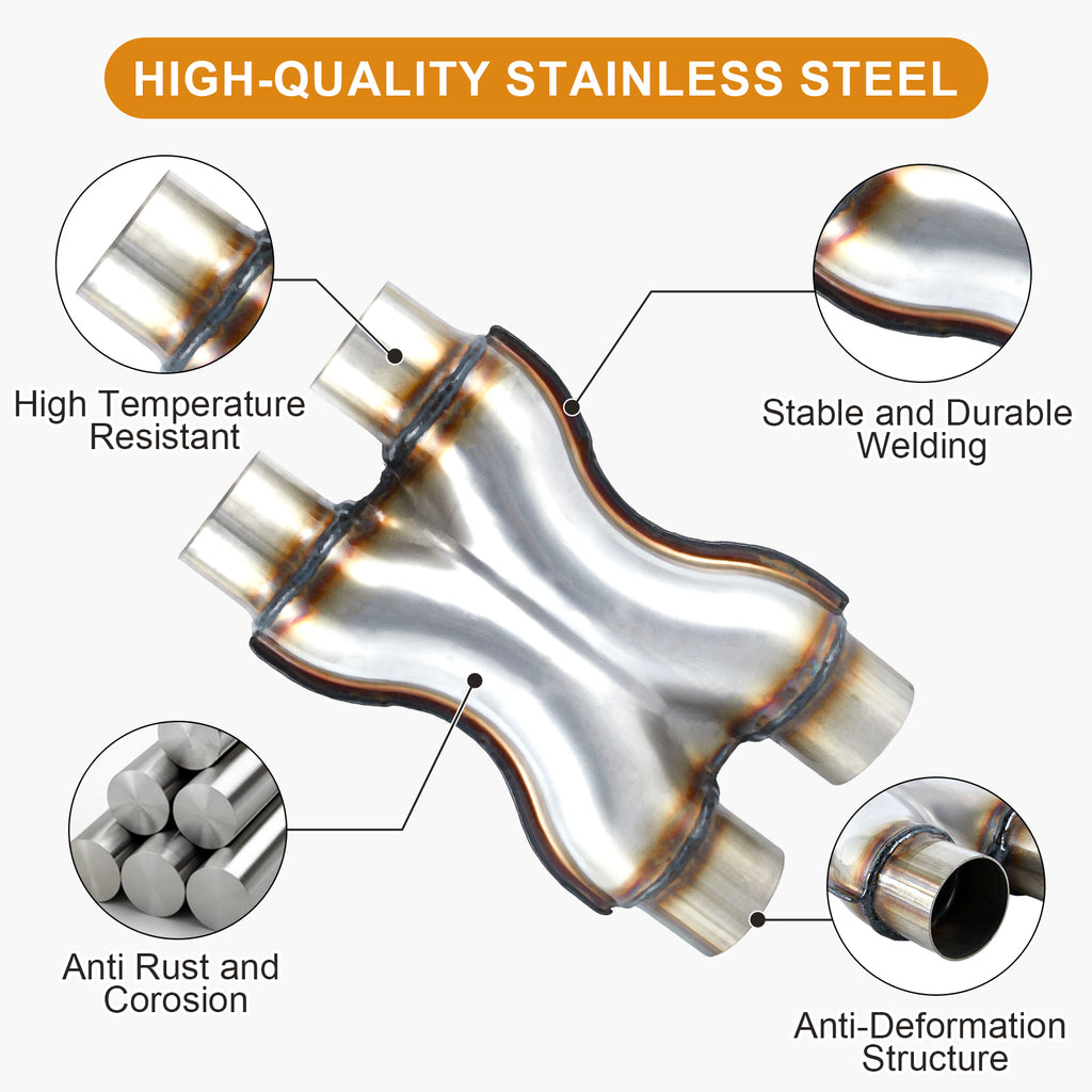 Stainless X-Pipe Crossover – Dual Inlet / Dual Outlet – 2.25", 2.5", 3"