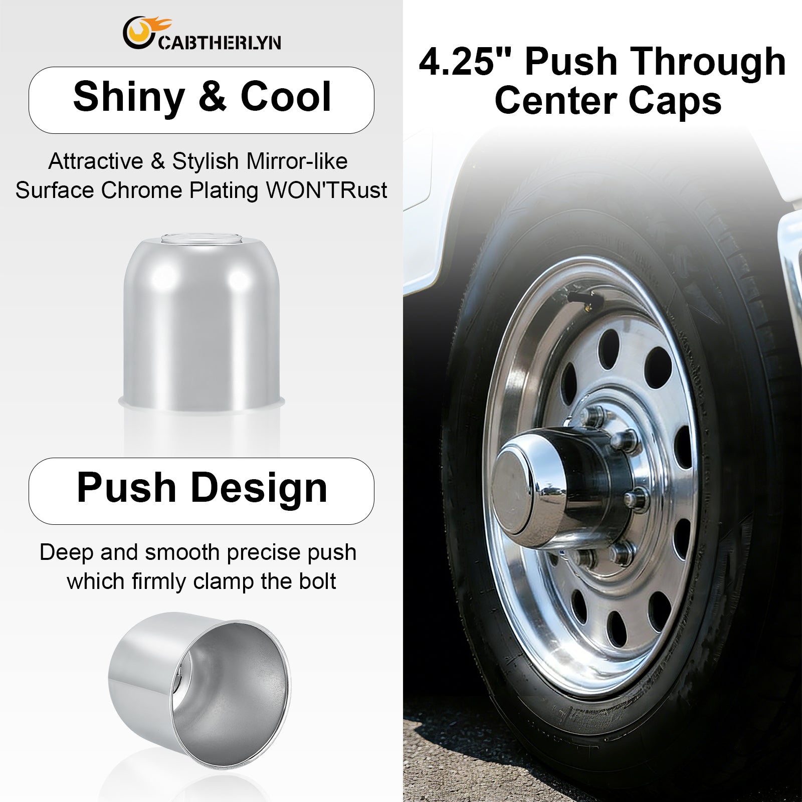 Lug Nut Cover – Dome Cylinder – 4.29" × 4.25" – Stainless / Black (LT8)