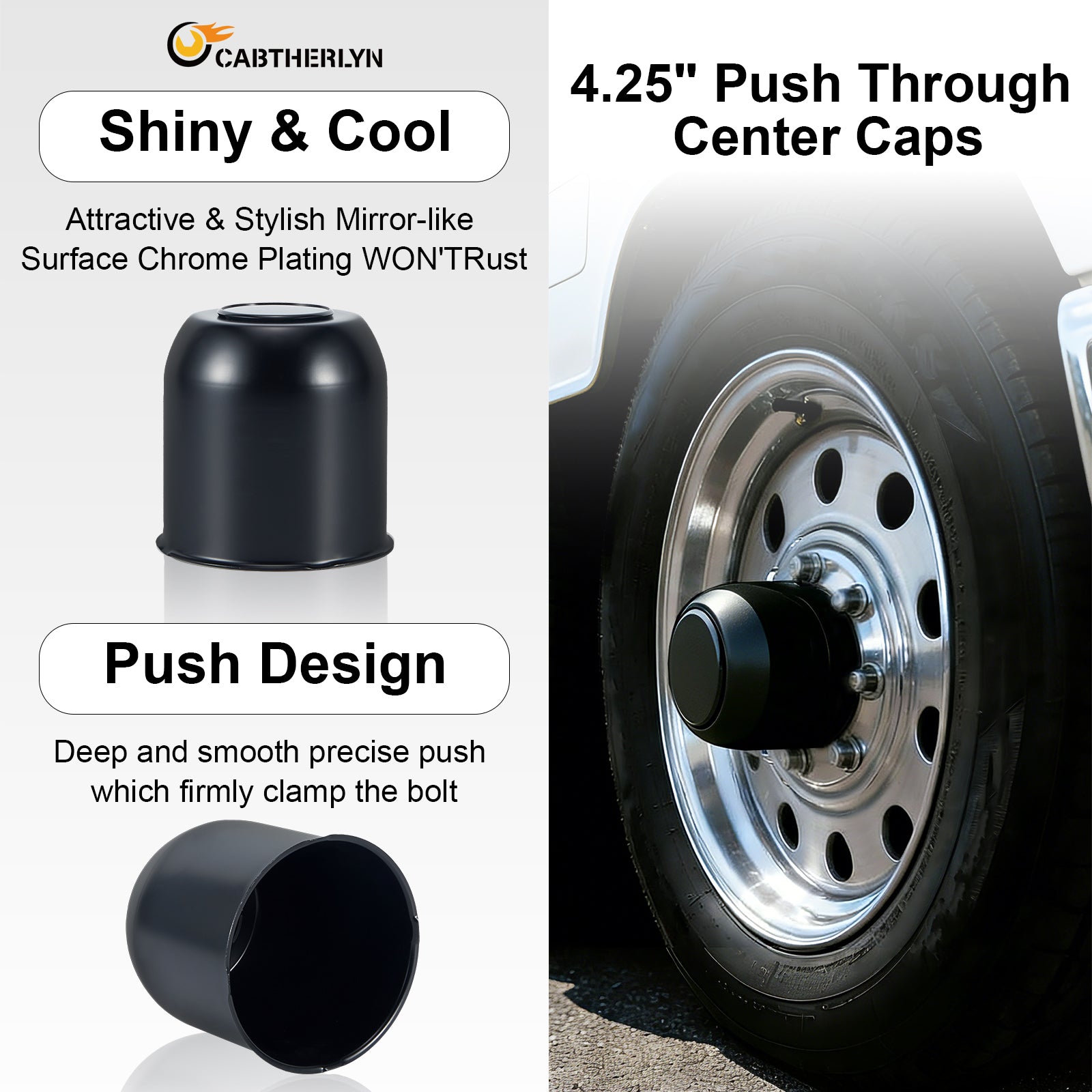 Lug Nut Cover – Dome Cylinder – 4.29" × 4.25" – Stainless / Black (LT8)