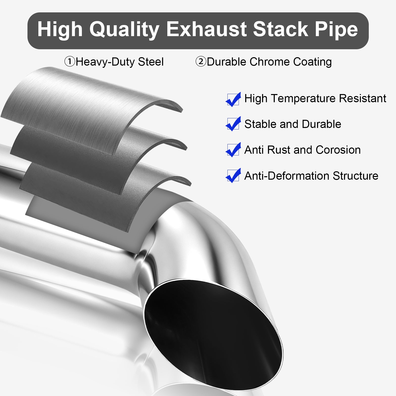 Chrome Curved Exhaust Stack – 5" Diameter – 18", 24", 36", 48", 60" Lengths – Truck Smokestack