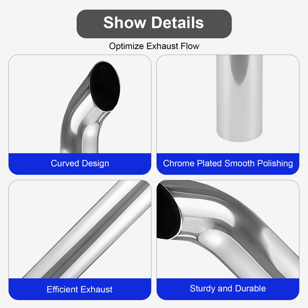 Chrome Curved Exhaust Stack – 5" Diameter – 18", 24", 36", 48", 60" Lengths – Truck Smokestack