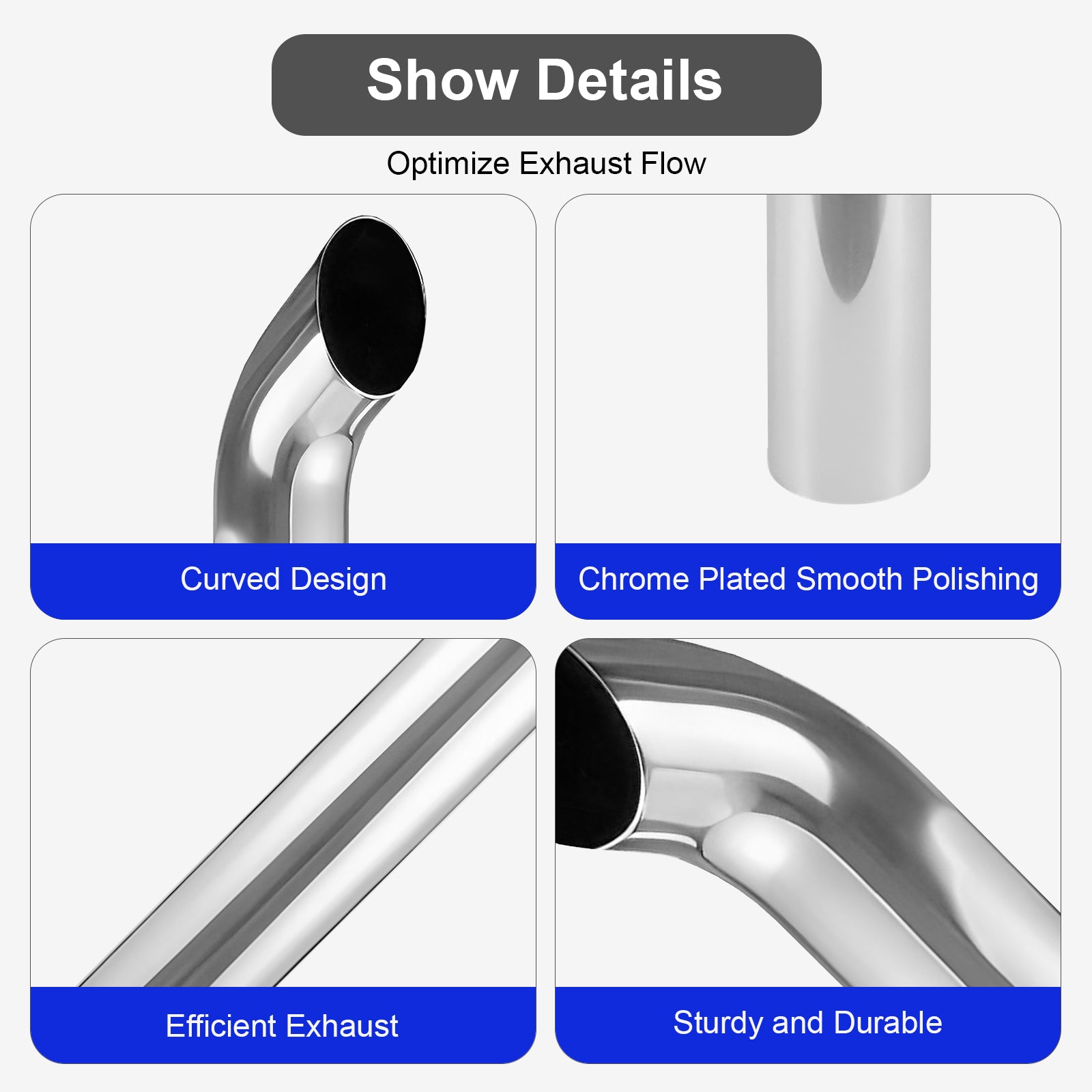 Chrome Curved Exhaust Stack – 5" Diameter – 18", 24", 36", 48", 60" Lengths – Truck Smokestack