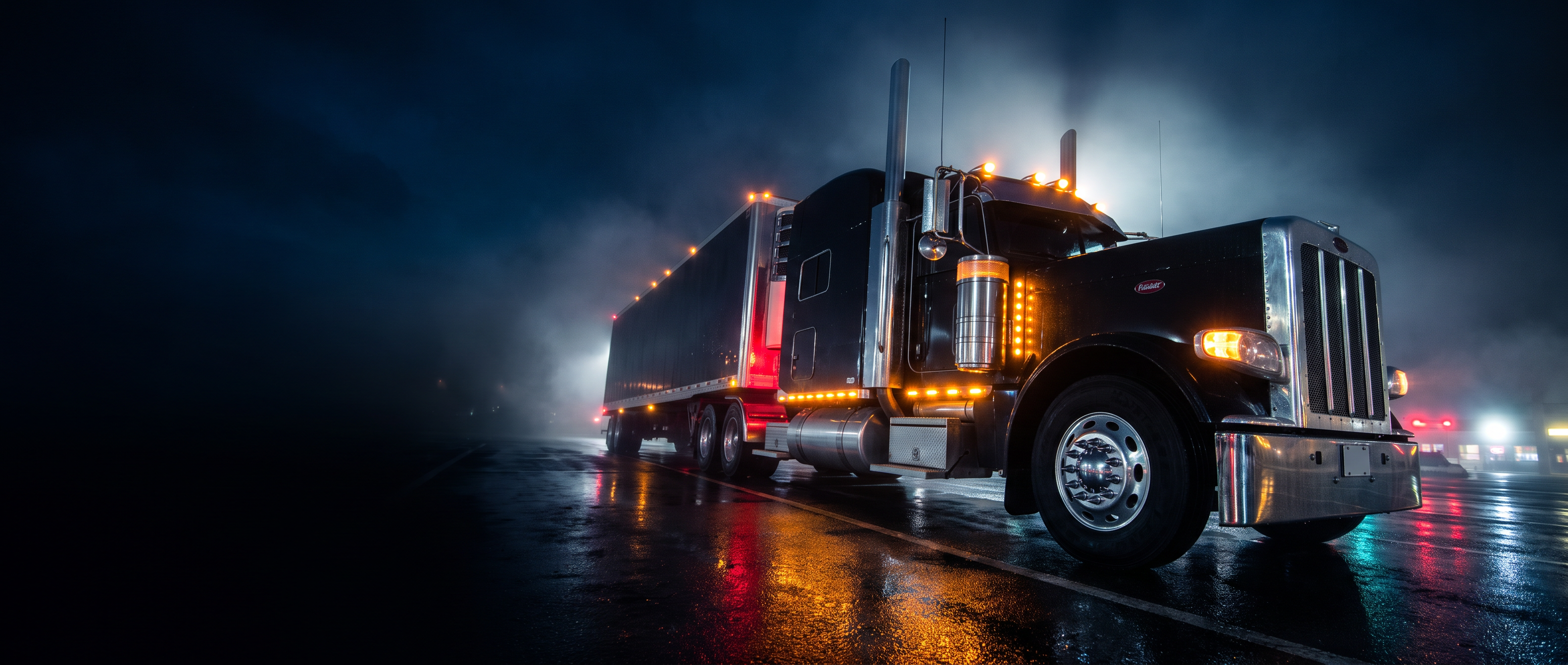 Rig Beam — Peterbilt semi at night with chrome accessories illuminated